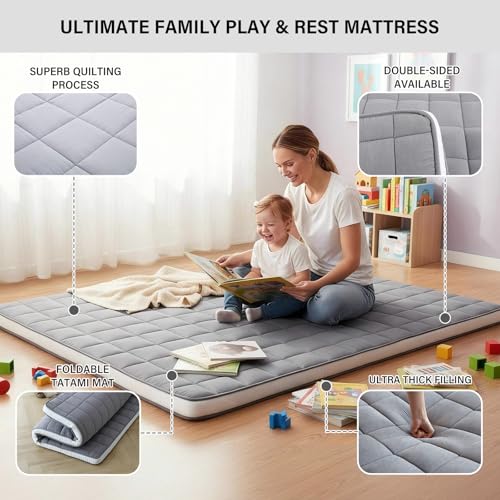 Tiita Japanese Floor Mattress Futon Mattress 4” Thick Folding Roll Up Sleeping Pad with Bag & Strap, Bed Topper Mat for Guest, Lounger and Travel, Grey,Full Size Tiita