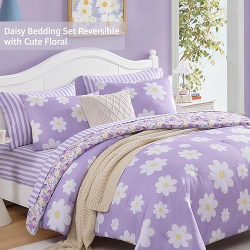 AMBERSPACE Full Size Comforter Sets for Girls, Purple Daisy Kids Bedding Set Reversible with Cute Floral, All Season Bed in a Bag 7 Pieces with Sheets, Pillowcases & Shams AMBERSPACE