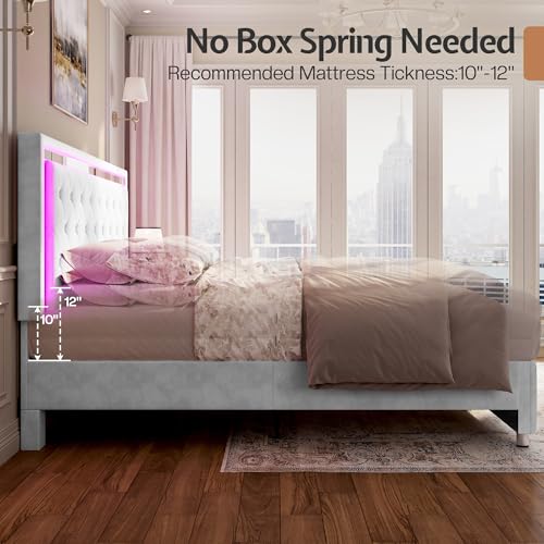 Jocisland Twin Bed Frame with LED Lights Headboard&Footboard, Velvet Upholstered Twin Size Platform Bed Frame No Box Spring Needed/White Jocisland