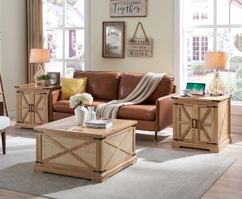 Barnyatoh Farmhouse Square Coffee Table with Storage, Boho Rattan Wood Center Table with Hinged Lift Top, Rustic Cocktail Table with Large Hidden Storage Compartment for Living Room, Bedroom Barnyatoh