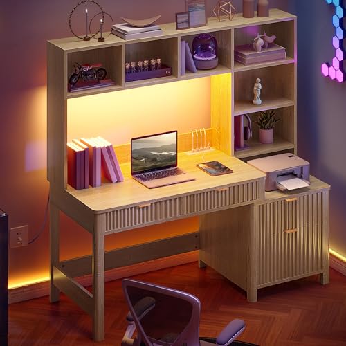 YITAHOME Computer Desk with Hutch and Drawers, 55" Office Desk with Storage Shelves and Printer Stand, Gaming Desk with Power Outlets & LED Lights, Fluted Sturdy Writing Workstation, Natural Oak YITAHOME