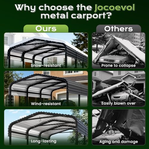 Jocoevol Heavy Duty Metal Carport Canopy, 10x15 FT Outdoor Car Port with Waterpoorf Metal Roof& Side Support Rods, Multi-Use Shelter Outdoor Garage for Car, Boats and Truck Jocoevol