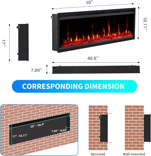 50'' Electric Fireplace Inserts, Recessed Wall Fireplace Heater with Log & Crystal Inserts, Adjustable Flame Color/Speed/Brightness, Heater, Remote Control & Touch Screen, Built-in Timer, Low Noise Towallmark