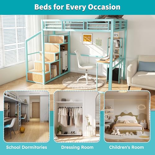 Ball & Cast Heavy Metal Full Size Loft Bed with Desk & Wardrobe,Bed Frame w/Built-in Staircase and Storage Rack,Gaming Bed w/Full-Length Guardrail,Space-Saving Bedroom Furniture for Adults,Green Ball & Cast