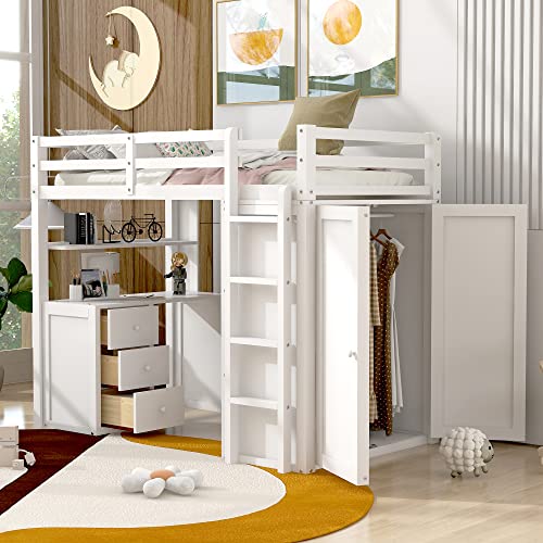 Ball & Cast Twin Size Loft Bed with Storage 3 Drawers and Wardrobe,Wood Bedframe w/Full-Length Guard Rail & Desk,Slat Support,Space Saving,Bedroom Furniture for Student Dorms,Studio,White Ball & Cast