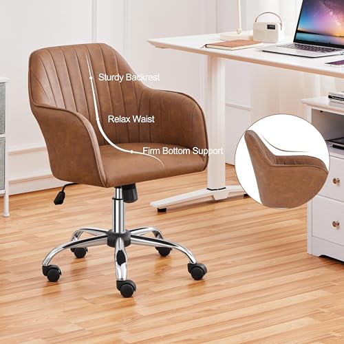 Yaheetech Modern Faux Leather Desk Chair Makeup Chair Height Adjustable Swivel Office Task Computer Armchair for Living Room Retro Brown Yaheetech