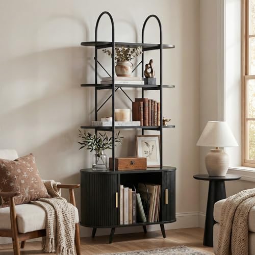 Tall Vinyl Record Player Stand, 4 Tier Arched Bookshelf with Sliding Doors, Retro Small Record Storage Cabinet, Fluted Media Display Shelf, Mid Century Modern Turntable Stand for Living Room, Black Quelthar