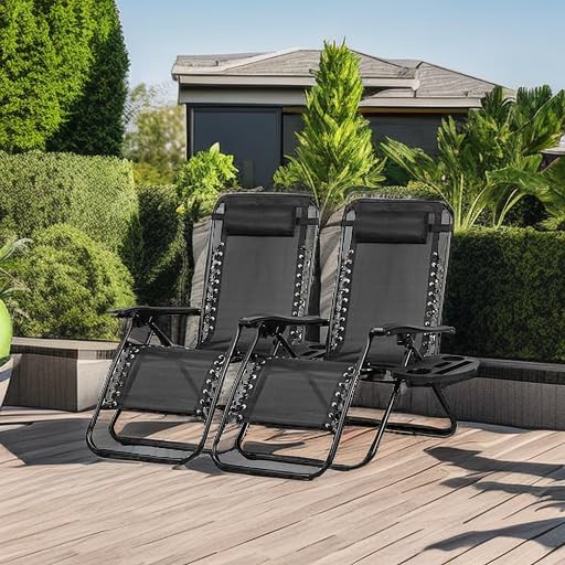 Nazhura Set of 2 Relaxing Recliners Patio Chairs Adjustable Steel Mesh Zero Gravity Lounge Chair Beach Chairs with Pillow and Cup Holder Black Nazhura