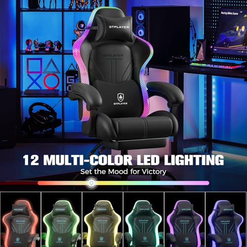 GTPLAYER Gaming Chair, Computer Chair with RGB LED Lights, High Back Ergonomic Chair for Adults with Footrest, Reclining Office Chairs, Linkage Armrest, Black GTPLAYER