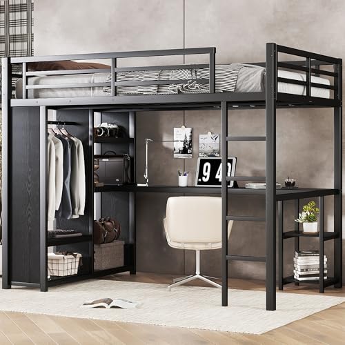 Full Size Loft Bed with Desk and Storage Shelves, Full Size Loft Bed with Wardrobe, Hanging Rod, Guardrail and Ladder, Balck Bellemave