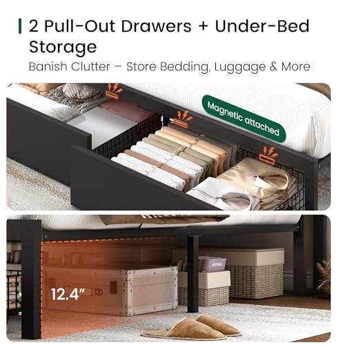 LARMACE King Size Bed Frame with Storage Drawers and Ergonomic Headboard,2-Tier Hidden Storage,Wooden Platform Bed Frame with Charging Station and LED Lights,No Box Spring Needed,Easy Assembly,Black LARMACE