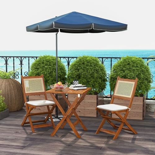 Outsunny 3 Pieces Patio Bistro Set Foldable Wooden PE Rattan Conversation Furniture Outdoor with Cushions, for Porch, Backyard, Garden, Light Teak Outsunny