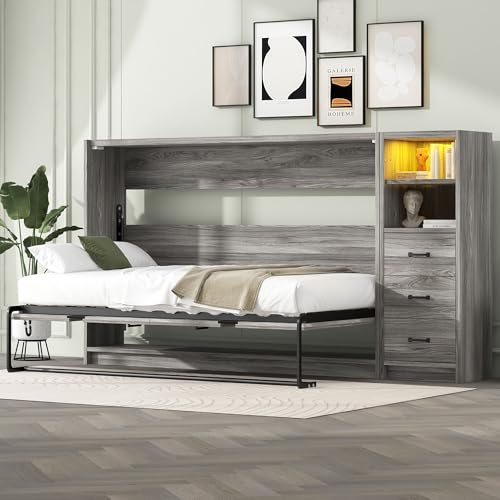 SOFTSEA Twin Horizontal Murphy Bed with Storage, Hideaway Murphy Bed Cabinet with Drawers & LED Light, Farmhouse Hidden Wall Bed Frame Space-Saving for Guest Room Bedroom Office, Grey SOFTSEA