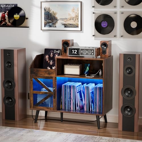 Loomie Large Rustic Record Player Stand with Power Outlet & LED Light, 350 Vinyl Record Storage Cabinet with Magnetic Door, Turntable Table with Wood Legs for Living Room (Rustic) Loomie