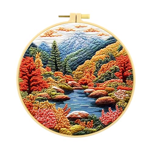 Zhenqing Lake Autumn Forest Embroidery Kit for Beginners, Pre-Printed 29x29cm Circular Cotton Fabric with 20cm Hoop, Fall Lakeside Landscape Design (C0193)