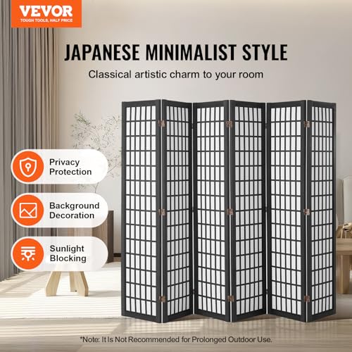 VEVOR Room Divider, 6 Panel Japanese Room Divider, Folding Privacy Screen Indoor, Portable Partition Dividers and Decoration Screens, for Room Separation, Home, Office, Restaurant & Bedroom (Black) VEVOR