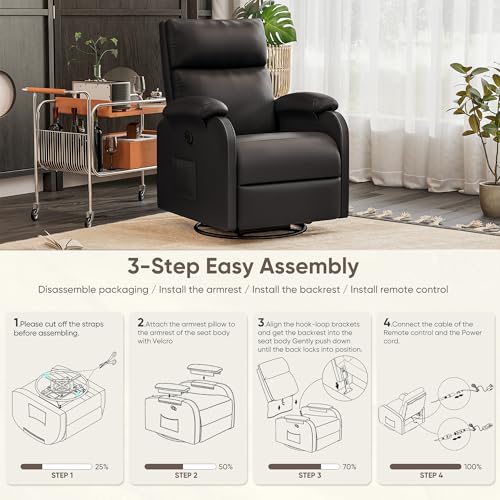 Homall Recliner Chair, 360 Swivel Rocking Chair for Adults, Massage Nursery Chair with Adjustable Backrest and Footrest, PU Leather Glider Rocker Recliners with Side Pocket for Living Room (Black) Homall