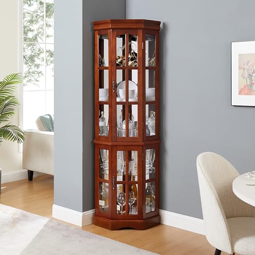 Klaczituj Corner Curio Cabinet with 5 Shelves and Lighting System, Walnut(E26 Light Bulb not Included) Klaczituj