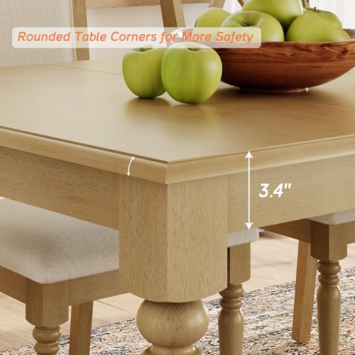 WAMPAT 7 Piece Dining Table Set, Rectangular Table for 6-8, 6 Dining Chairs with Upholstered Back & Rubber Wood Legs, Kitchen Table with Chairs for Dining Room, Oak WAMPAT
