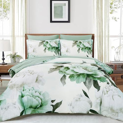 Dobuyly Green Queen Comforter Set 7 Piece Bed in a Bag Queen, Sage Green Floral Printed Comforter Set with Sheets, Soft Microfiber Botanical Flower Complete Bedding Set for All Season
