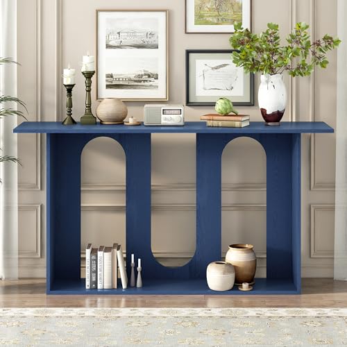 Knocbel Entryway Console Table with Curved Design and Ash Veneer, Modern Sofa End Tables with Top Bottom Shelf for Living Room Hallway, 15.7" D x 60" W x 31.5" H Navy Blue Knocbel