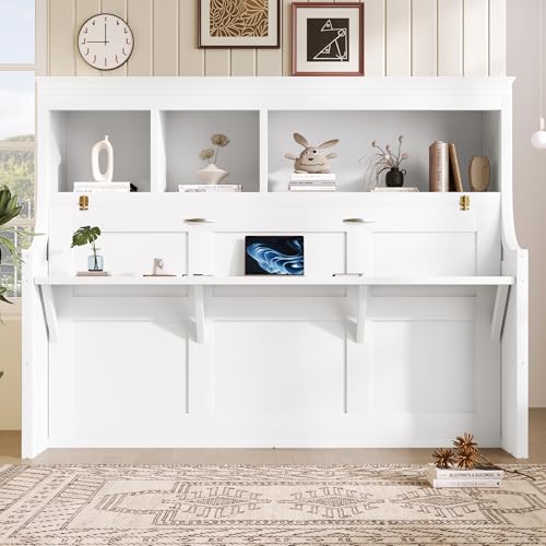 MERITLINE Twin Size Horizontal Murphy Bed with Desk and Storage Shelves, Wooden Twin Folding Murphy Wall Bed for Adult Home Office, Apartment, Small Spaces, White MERITLINE