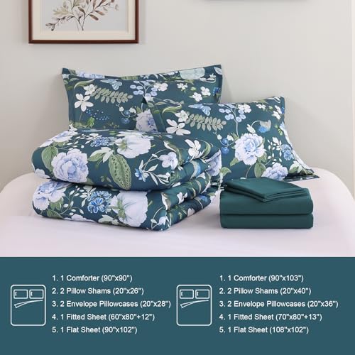 Anibedding 7Pieces Floral King Size Comforter Set, Garden Plant Flower Style Bed in a Bag Blue Bedding Comforter Set with Pillow Case for Bedroom Anibedding
