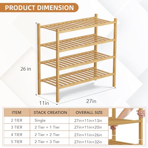 4 Tier Bamboo Shoe Rack Storage Organizer for Closet, Multifunctional Stackable Free Standing Shoe Shelf Organizer for Small Space,Entryway,Hallway,Bathroom 27"x11"x26"(Natural, 4 Tier) Buymoth
