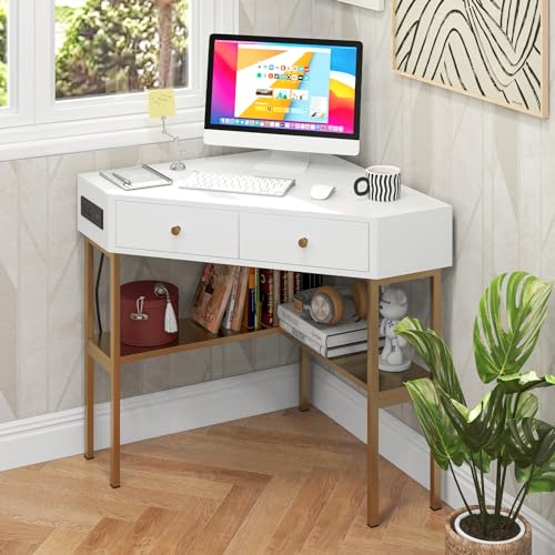 Tangkula Corner Desk with 2 Drawers & Built-in Charging Station, 90 Degrees Triangle Corner Computer Desk for Small Space, Bedroom Makeup Vanity Desk with Storage Shelves, Corner Desk (Gold & White) Tangkula