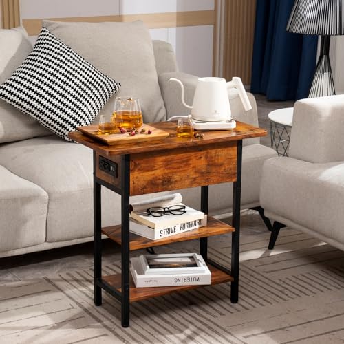 Yoobure End Table with Charging Station, Flip Top Side Table with USB Ports and Outlets, Sofa Couch Table Bedside Table for Living Room Bedroom, Narrow Nightstand with Storage Shelves for Small Space Yoobure