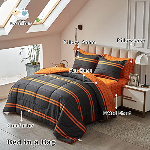 Flysheep Boho Striped Halloween Bed in a Bag 6 Pieces Twin Size, Ombre Bright Orange Stripes on Black Comforter Sheet Set (1 Comforter, 1 Flat Sheet, 1 Fitted Sheet, 2 Pillow Shams, 1 Pillowcase) Flysheep