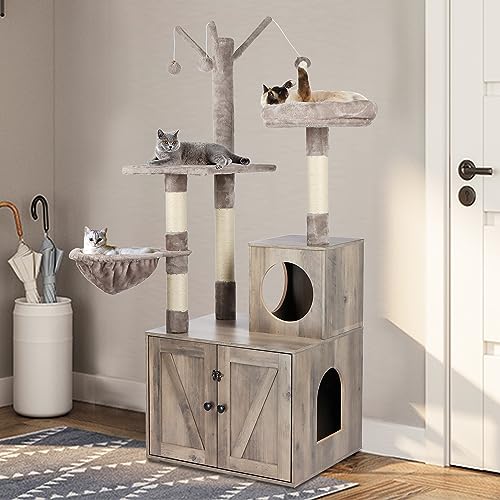 Timberer Litter Box Enclosure with Cat Tree, Wooden Cat House with Cat Tree Tower, Hidden Cat Litter Box Furniture with Scratching Post, Modern Cat Condo, Grey Timberer