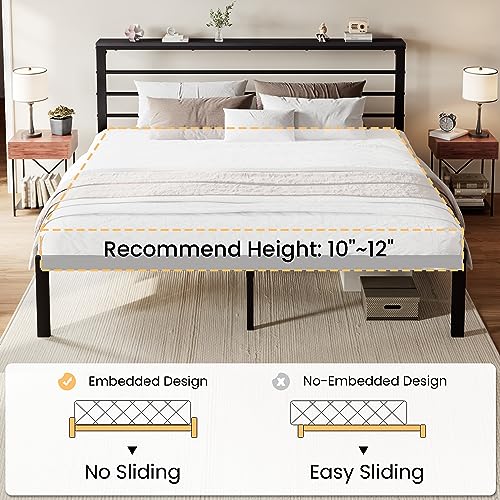 SHA CERLIN King Size Bed Frame with Headboard Shelf and Strong Metal Foundation, No Box Spring Needed, Black SHA CERLIN