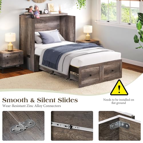 LUXOAK Twin Murphy Bed with Built-in Charging Station and Storage Drawer, Farmhouse Foldable Cabinet Bed for Guest Room, Apartment or Home Office, Rustic Grey LUXOAK