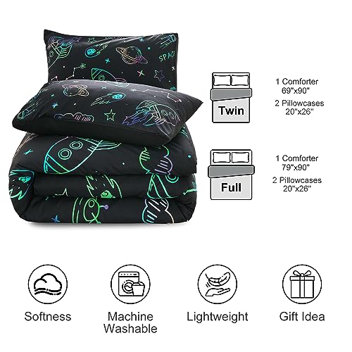 Aimuan Space Bedding Twin Bed Comforter Kids Rocket Bedding Set Super Soft & Cute Aliens UFO Printed for Boys Girls Teen (Black, Twin) Aimuan