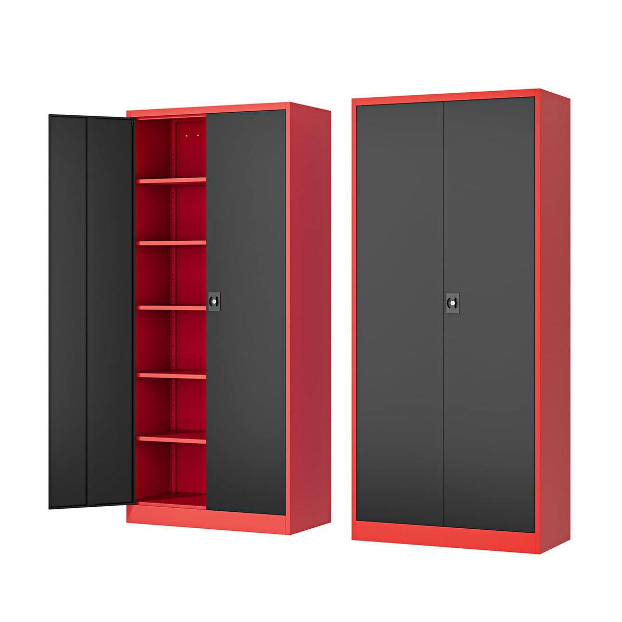 Fesbos Metal Storage Cabinet-72” Tall Steel File Cabinets with Lockable Doors and Adjustable Shelves-Black&Red Steel Storage Cabinet for Kitchen, Office, Garage Fesbos