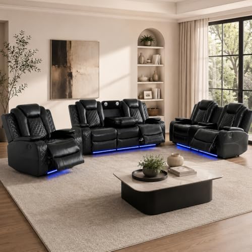 Power Reclining Sectional Sofa for Living Room, 3 Pieces Leather Recliner Sofa Set with USB Ports, LED Light, Wireless Charger & Storage Console, Living Room Furniture Sets with Home Theater Seating