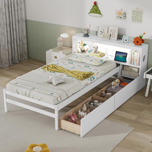 Giantex Wood Twin Bed Frame with Storage Drawer & Headboard, Modern Platform Bed with Charging Station & LED Light, Built-in Nightstand, Single Bed with Slats Support, Twin Bed Frames for Kids (White) Giantex