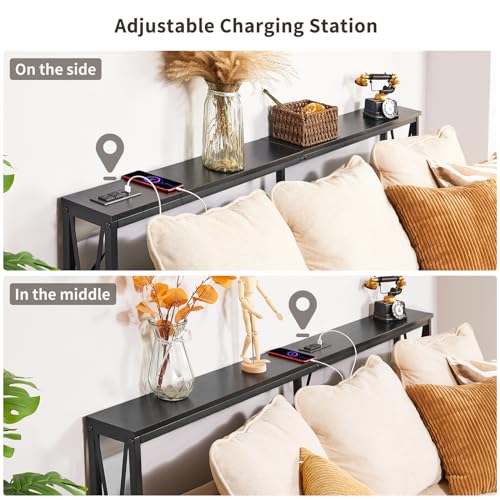 ELYKEN 5.9" Narrow Console Sofa Table with Power Outlets, 5.9" Dx63 Wx31.5 H Long Skinny Behind Couch Table with “X” Cross Metal Frame and Charge Station with 6.5’ Extension Cord, Black ELYKEN