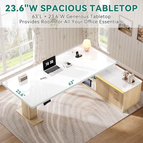YITAHOME L Shaped Standing Desk with Power Outlets & LED Lights, 63" Electric Standing Desk Adjustable Height Sit Stand Corner Standing Desks with Drawers & Sliding Door, High-Gloss White+Natural Oak YITAHOME