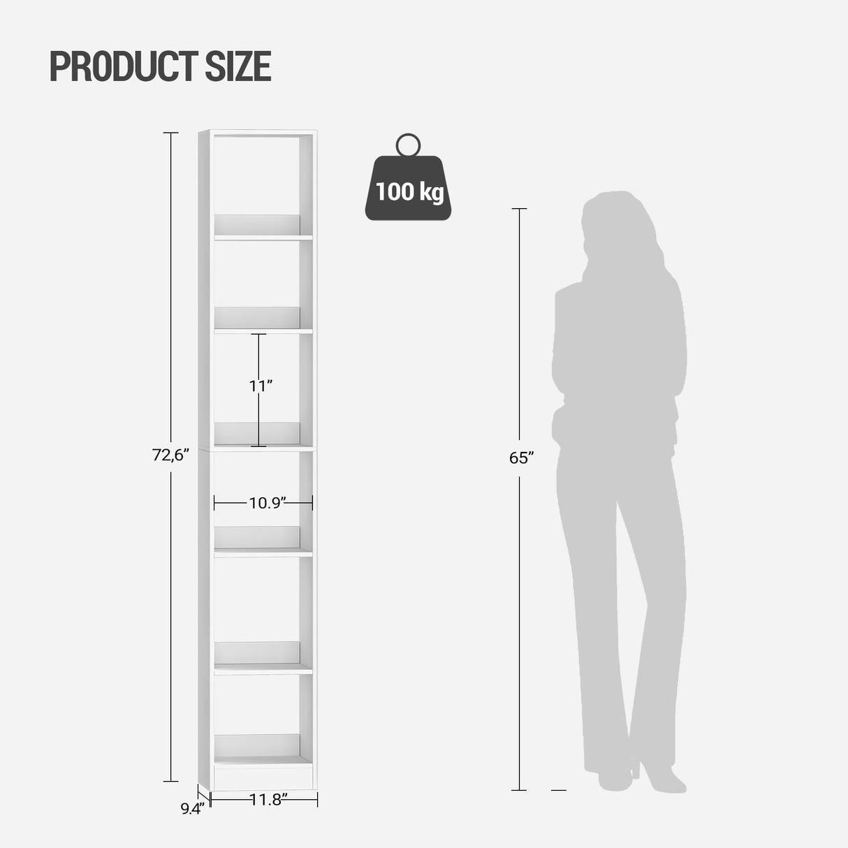 Hzuaneri Bookcase, Tall Narrow Bookshelf, Open Display Storage Shelf, Skinny Cube Book Shelf with Adjustable Shelves, CD Rack for Living Room, Home Office, Bedroom, 6 Tiers, White BC09603X Hzuaneri