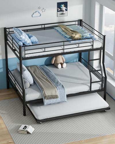 Mixcous Full XL Over Queen Bunk Bed with Trundle, Heavy-Duty Metal Bunk Bed w/Full-Length Guardrail & EVA Padded Ladder, Convertible to 3 Separate Beds for Adults, Teens, Noise-Free, Black Mixcous