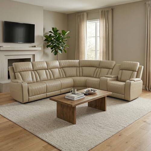 GzhAyyQ Power Reclining Sectional Sofa, Beige Breathing Leather Recliner Couch with LED Light, Cup Holders, Storage Console, Wireless Charging, USB & Type-C for Living Room Home Theater