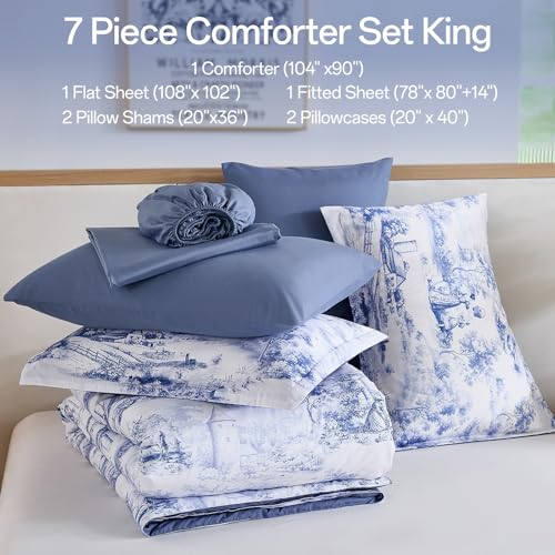 WONGS BEDDING Blue Comforter Set King, 7 Pieces Bed in a Bag Farmhouse Comforter with Sheets, French Toile Bedding Set, Soft Lightweight Microfiber Botanical Print Complete Bed Set for All Season WONGS BEDDING