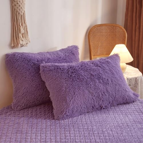 HAIHUA Faux Fur Purple Comforter Cover Queen Set, Soft Fuzzy Plush Purple Bedding Queen Set 3 Pieces (1 Furry Duvet Cover + 2 Fluffy Pillow Cases) Shaggy Bed Set, Zipper Closure HAIHUA