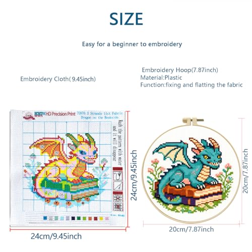 Zhenqing Cute Dragon on Books Cross Stitch Kit, 11CT Printed 24x24cm with Hoop, Fantasy Embroidery Set for Beginners (70976)