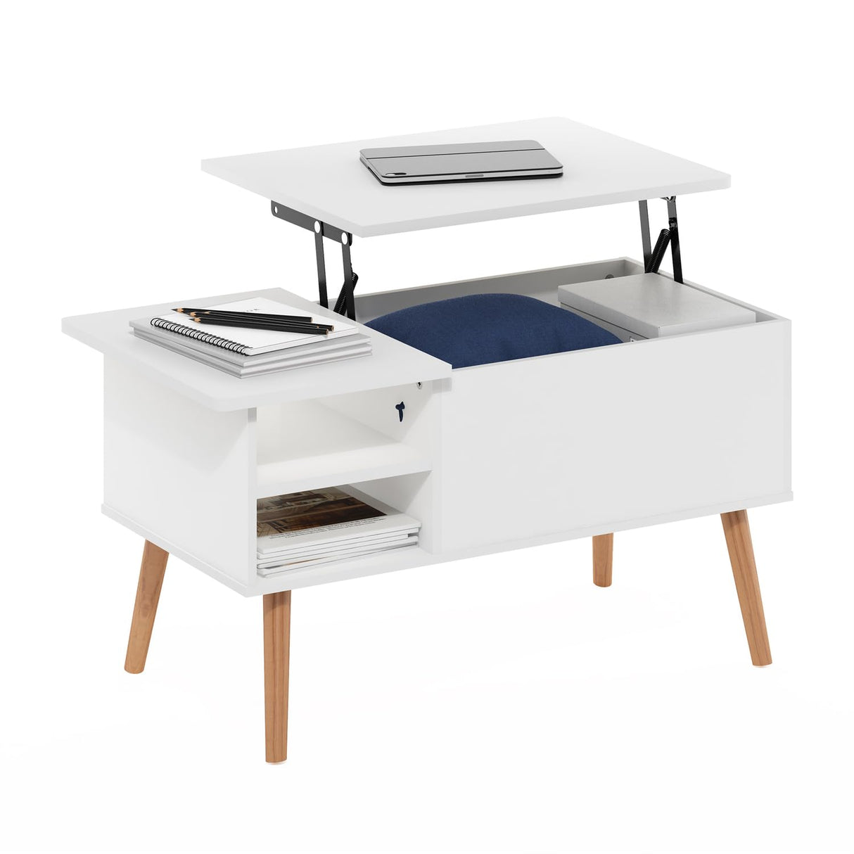 Furinno Jensen Wooden Leg Lift Top Coffee Table with Hidden Compartment and Side Open Storage Shelf for Living Room, Solid White Furinno