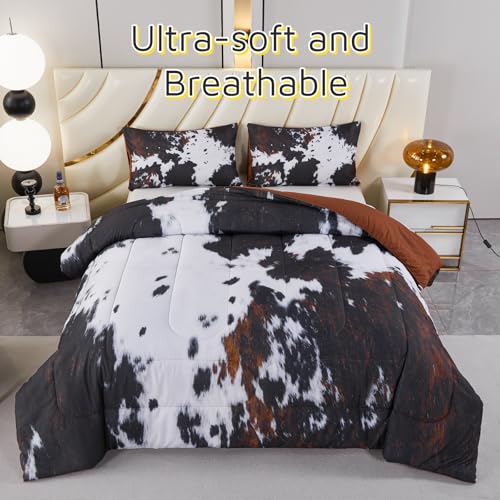 PERFEMET Black King Size Comforter Set 3 Pieces Cow Print Bedding Set Western Farmhouse Rustic Bed Comforter Animal Cowhide Quilt Set for Bedroom Decoration PERFEMET