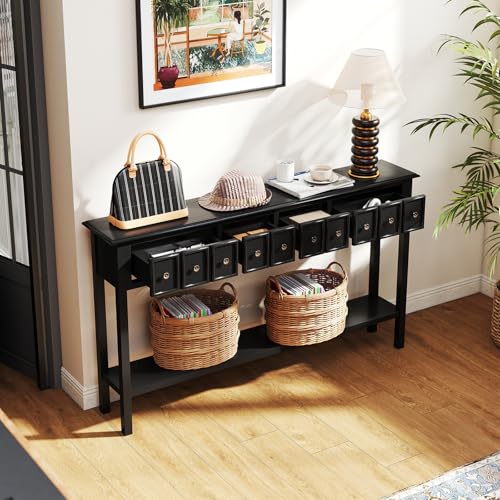 Giantex 60" Entryway Table, Long Narrow Console Table with 4 Drawers and Open Storage Shelf, Modern Slim Entry Tables, Farmhouse Wooden Sofa Tables with Anti-Tip Kit for Living Room, Hallway (Black) Giantex