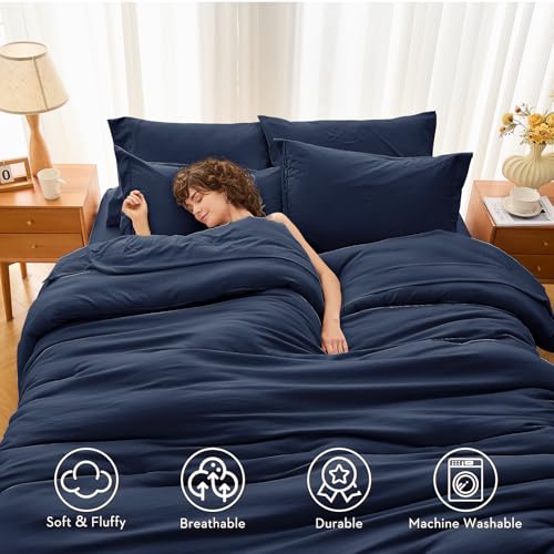 MUXHOMO 7 Pieces Queen Comforter Set, Soft Bed in a Bag Queen Size, All Season Bedding Set with Comforter, Flat Sheet, Fitted Sheet, Pillowcases & Shams, Navy Blue MUXHOMO